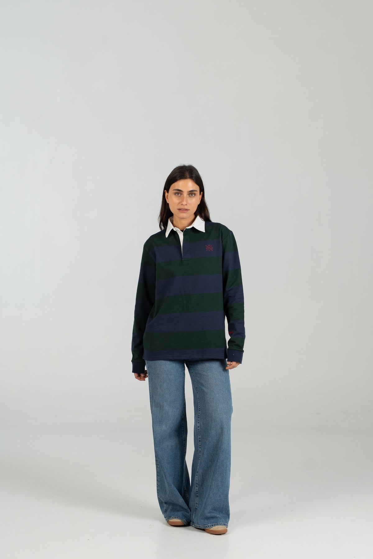 Polo rugby WEARINGSVQ azul y verde para chica – vista frontal