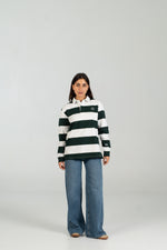 Polo rugby WEARINGSVQ verde y blanco para chica – vista frontal