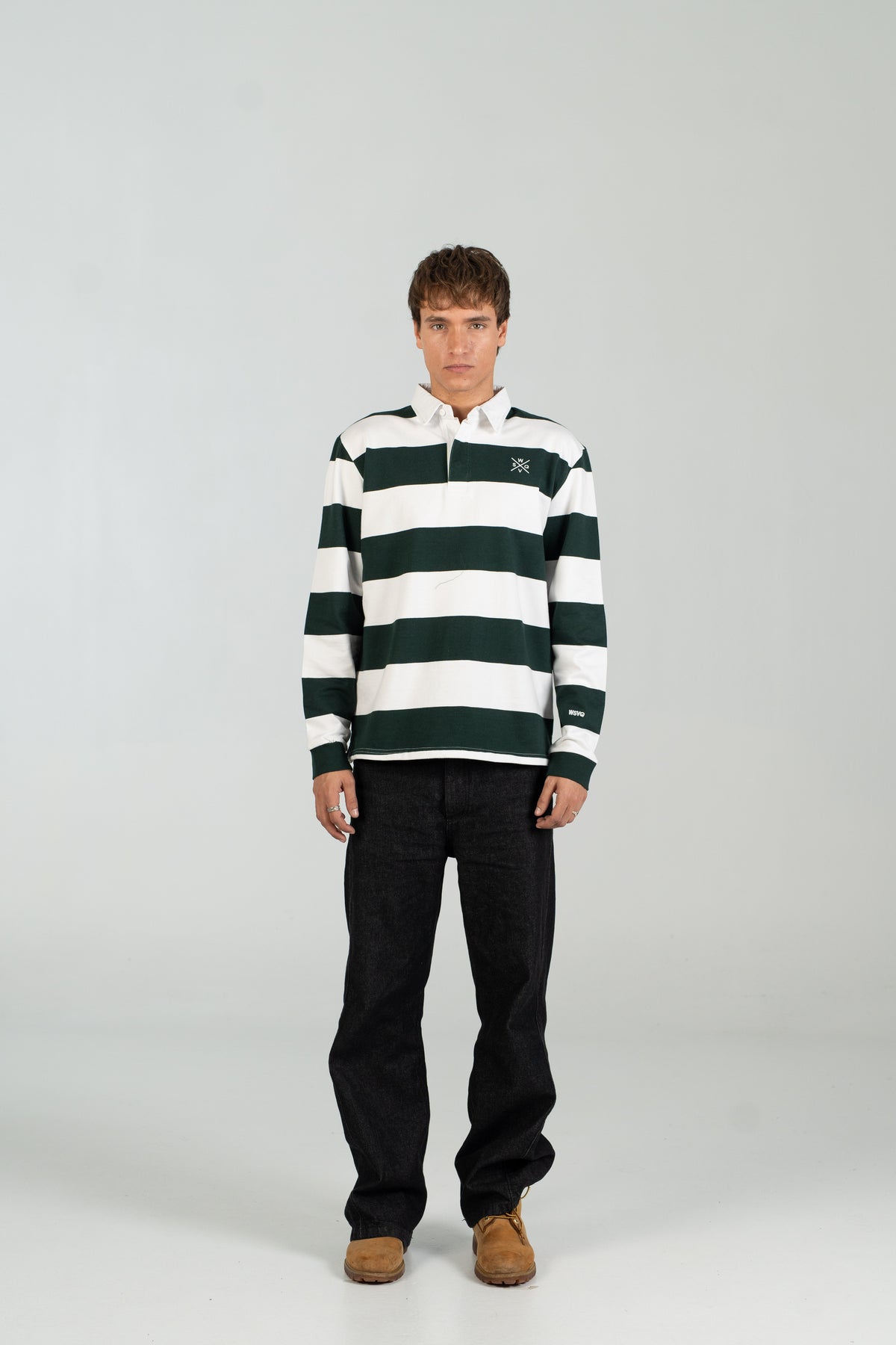 Polo rugby WEARINGSVQ verde y blanco para chico – vista frontal